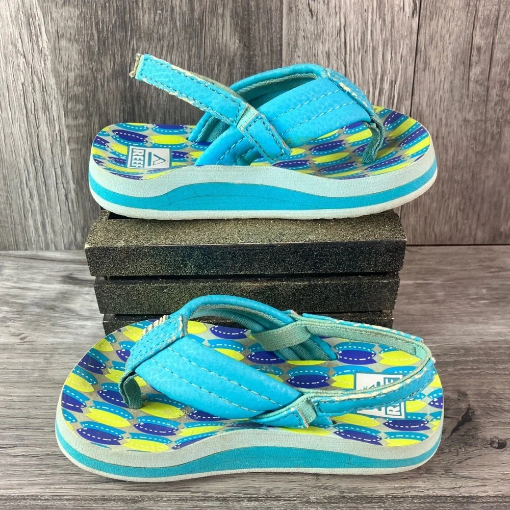 Reef Little Ahi Toddler Sandals Blue Surfboard Print Backstrap Flip Flops Size 6